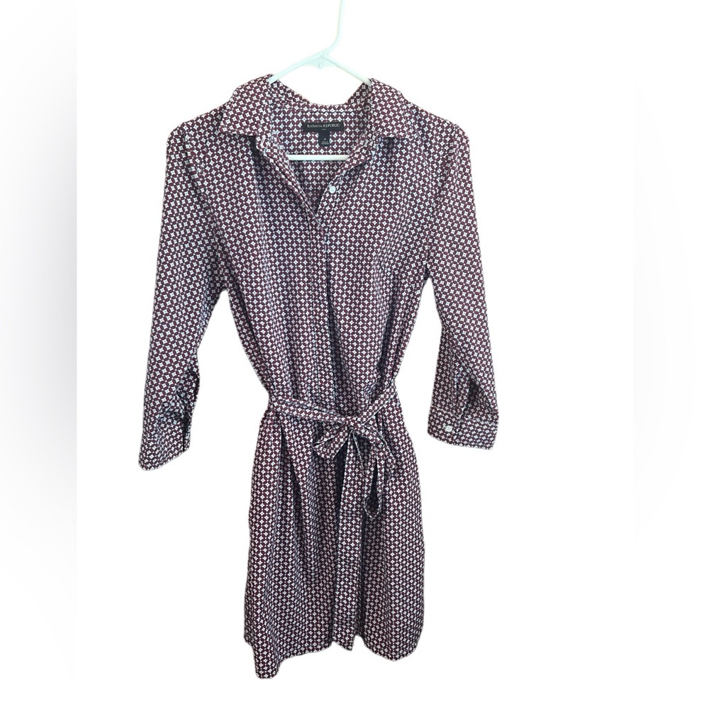 Patterned Shirt Dress with Self-Tie Waist in Burgundy and White